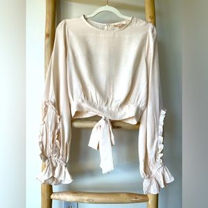 Peach Love Boutique Long Ruffled Sleeve Blush Sexy Bow Back Cropped Blouse